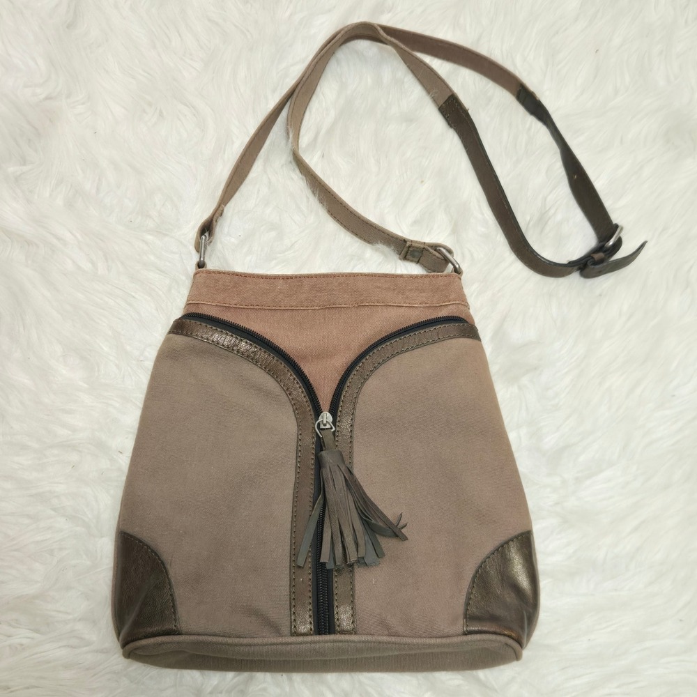 Mona B Brown Canvas Crossbody Bag Metallic Trim Tassel Zipper Pocket